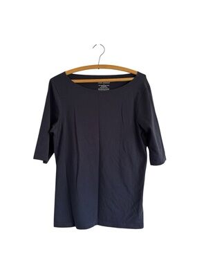 Fair Indigo Organic Pima Cotton 3/4 Sleeve Boat Neck Pullover Top Navy Womens L